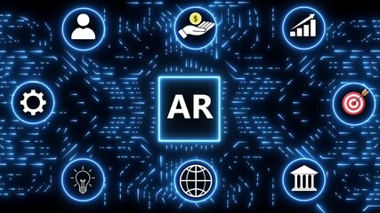 AR acronym in a glowing blue square surrounded by business and technology icons on a digital circuit board background - Powered by Adobe
