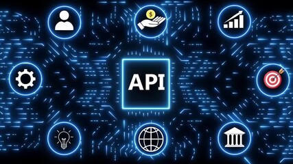 API acronym in a glowing blue square surrounded by business and technology icons on a digital circuit board background - Powered by Adobe