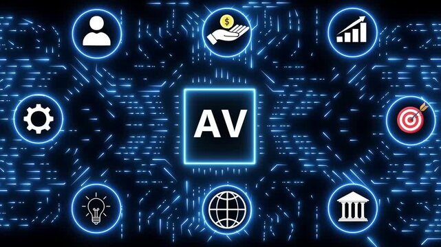 AV acronym in a glowing blue square surrounded by business and technology icons on a digital circuit board background