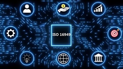 ISO 16949 certification concept with surrounding icons representing business principles and technology on a digital circuit board background - Powered by Adobe