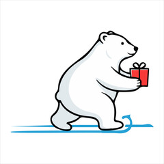 Cartoon Polar Bear Walking with Gift Box on Ice in Winter Scene