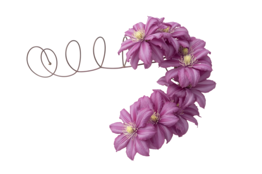 Delicate pink dahlia flowers artfully arranged on a spiral wire isolated on transparent background