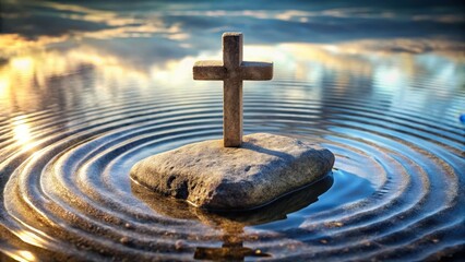 Serene stone cross standing on a tranquil rock in still water, reflecting peaceful sunset hues
