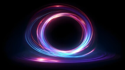 Abstract swirling vortex of vibrant neon light trails in shades of pink and blue against a deep black background creating a futuristic portal effect
