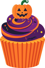 Halloween Cupcake Vector Illustration, Cartoon Muffin with Jack-o’-Lantern Pumpkin and Purple Icing Isolated
