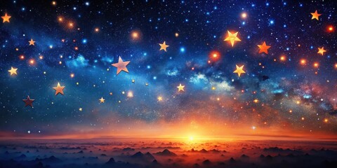 Fototapeta premium Celestial Sunrise Golden Stars Adorn a Vibrant Night Sky Above a Misty Mountain Range