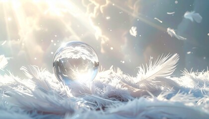光に満ちた幻想的な世界、水晶玉に映り込む太陽と雲Generated image