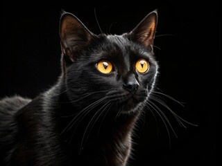 A Majestic Black Cat With Bright Yellow Eyes Stares Intently into the Darkness on a Spooky Halloween Night