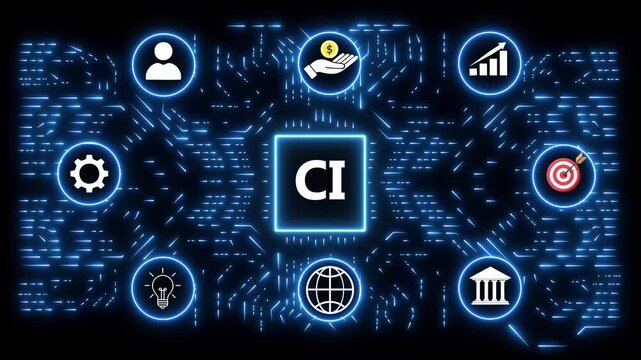 Digital network diagram with CI in center and surrounding icons for business and technology continuous integration