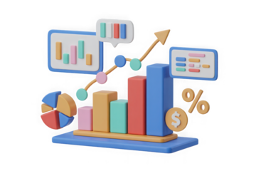 3D Financial Analysis of Finance Business Investment and Banking with Chart Graph and Data on transparent png Background