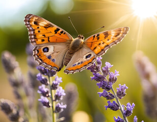 Fototapeta premium Sunny summer nature background with fly butterfly and lavender flowers with sunlight and bokeh. Outdoor nature banner, butterfly on a flower