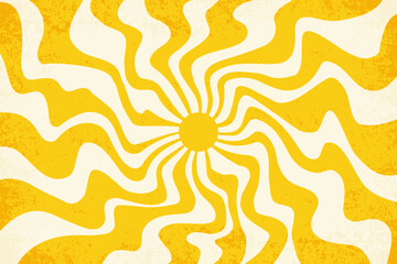 Sun with pattern of wavy rays groovy background. Abstract retro 70s graphic with vintage texture. Radial funky illustration with beams for poster