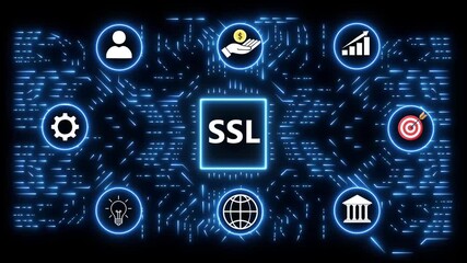 SL concept with digital network and business icons on black background Secure Sockets Layer security - Powered by Adobe