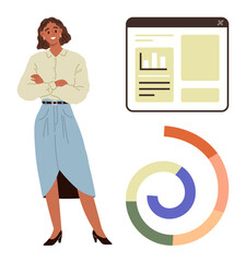 Businesswoman standing confidently beside a browser window with bar charts, text segments, and a colorful progress chart. Ideal for business, analytics, team leadership, strategy, creativity