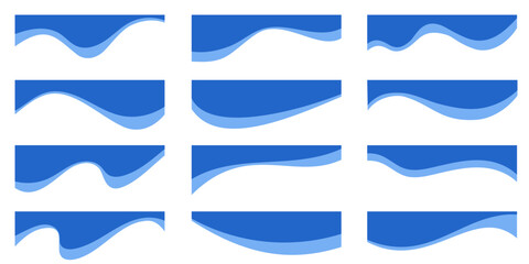 Abstract header shapes. Wavy vector border elements on white background. Blue top form for banner. Modern divider and footer. Curved separator and headline section for poster and website