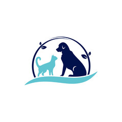Stylized Pet Logo: Blue Cat and Dark Blue Dog Silhouette