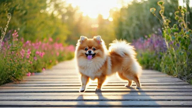 A pomeranian dog standing on a wooden path surrounded by flowers in the bright sunlight dog video