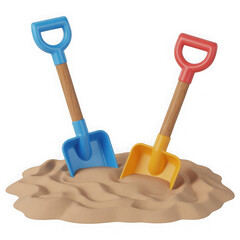 3d realistic toy shovels in sand isolated on transparent background.