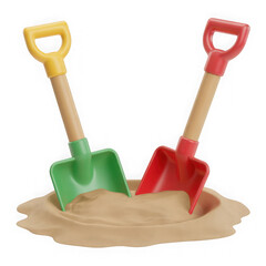 Two colorful plastic toy shovels stuck in sand isolated on transparent background
