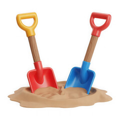 3d realistic toy shovels in sand isolated on transparent background.