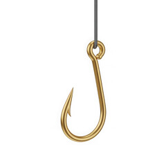 A single golden fishing hook suspended by a thin line isolated on transparent background
