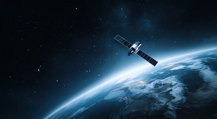 Satellite in orbit above Earth with glowing atmosphere