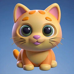 Charming 3D Cat Cartoon Character Illustration Render: Adorable Orange Kitten with Big Green Eyes and Whiskers on Blue Background