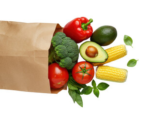 Opened brown paper grocery bag spilling vibrant fresh produce, basil, and water droplets, on a transparent studio background, natural health concept.