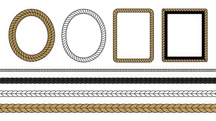 Collection of decorative golden rope frames and borders isolated on transparent background.