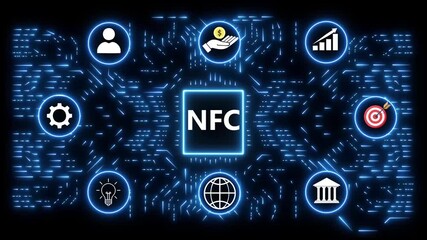 NFC Near Field Communication concept with interconnected icons and digital circuit background technology - Powered by Adobe