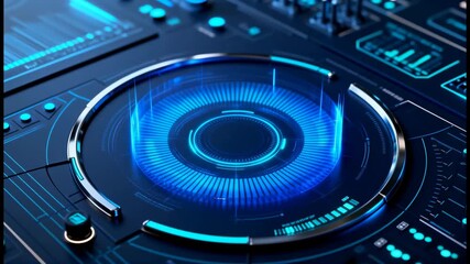 Futuristic digital interface with glowing blue circular data elements and holographic display design - Powered by Adobe