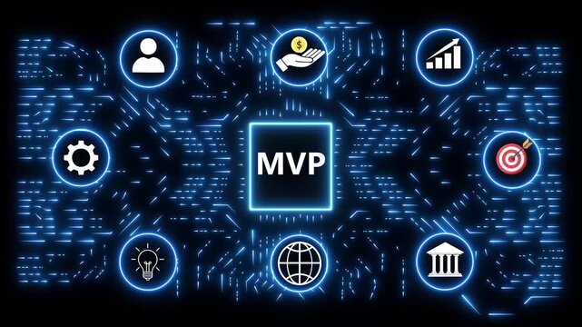 MVP Minimum Viable Product concept with interconnected icons and digital circuit background startup