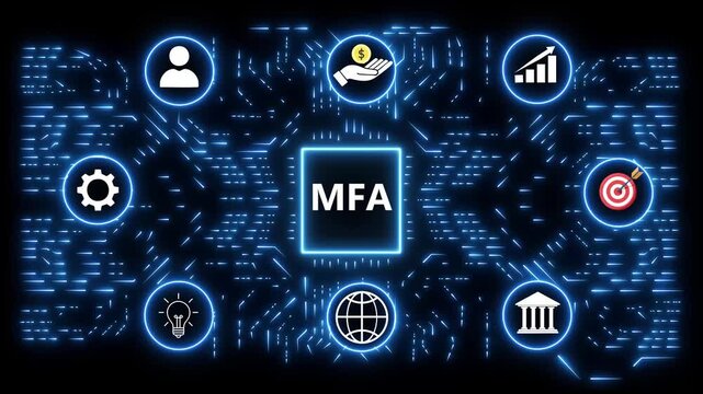 MFA Multi Factor Authentication concept with interconnected icons and digital circuit background security