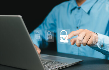 Cyber security and data protection, businessman using laptop internet network security, protect business and financial transaction data from cyber attack, user private data security encryption.