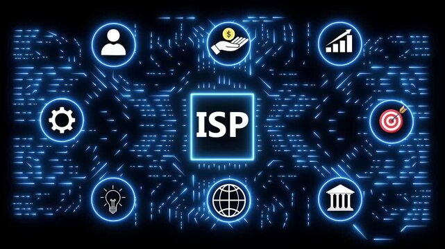 Centralized ISP concept with surrounding icons representing data, finance, growth, goals, institutions, ideas, and connectivity on a digital circuit board background