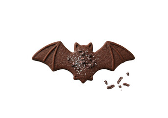 Gourmet dark chocolate shortbread cookie, bat-shaped with silver dust and cocoa nibs, high-angle on seamless transparent background with high-key studio lighting, concept for high-end confectionery