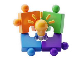 Colorful puzzle pieces forming a square with a glowing lightbulb representing a new idea isolated on transparent background