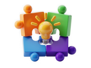 Colorful puzzle pieces forming a square with a glowing lightbulb representing a new idea isolated on transparent background