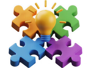 Colorful puzzle pieces forming a circle around a glowing light bulb isolated on transparent background