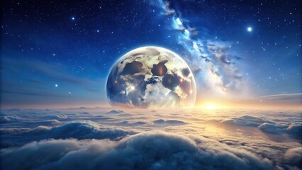 A Celestial Sphere Ascending Above a Sea of Clouds at Sunrise, Under a Starry Sky with a Nebulous Glow