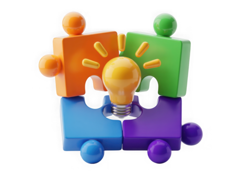 Colorful puzzle pieces forming a square with a glowing lightbulb representing a new idea isolated on transparent background