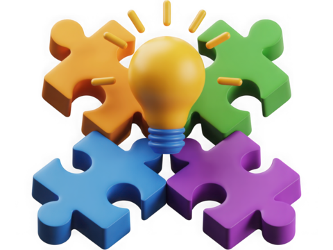 Colorful puzzle pieces forming a circle around a glowing light bulb isolated on transparent background