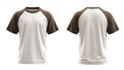 Front and back view of a white t-shirt with brown raglan sleeves