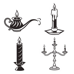 Fototapeta premium Vector art of collection of antique candle and oil lamps