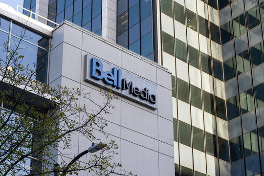 Vancouver, BC, Canada - Dec 22, 2023: Exterior view of Bell Media's Vancouver office on Robson Street. Bell Media Inc. is a Canadian media conglomerate that is the mass media subsidiary of BCE Inc.