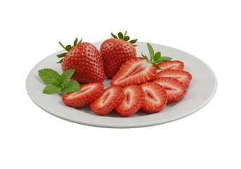 Vibrant red whole & fanned sliced fresh strawberries, delicate mint leaves, on white ceramic plate, isolated transparent background, high-key studio lighting, close-up, sharp focus, concept of premium
