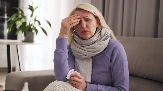 Blonde middle aged woman sitting on a sofa in a cozy room looking tired and unwell while staying at hom