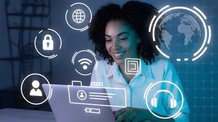 Stunning woman embracing global connectivity on laptop, symbolizing modern technology, innovation, and digital lifestyle for business and personal growth