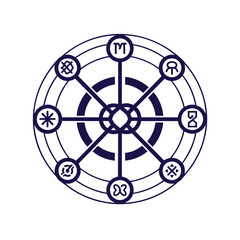 Intricate Circular Emblem with Eight Unique Symbols and Geometric Patterns