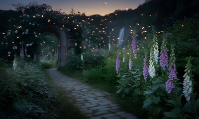 Walking Path Through Enchanted Garden with Glowing Lights and Flowers at Dusk
